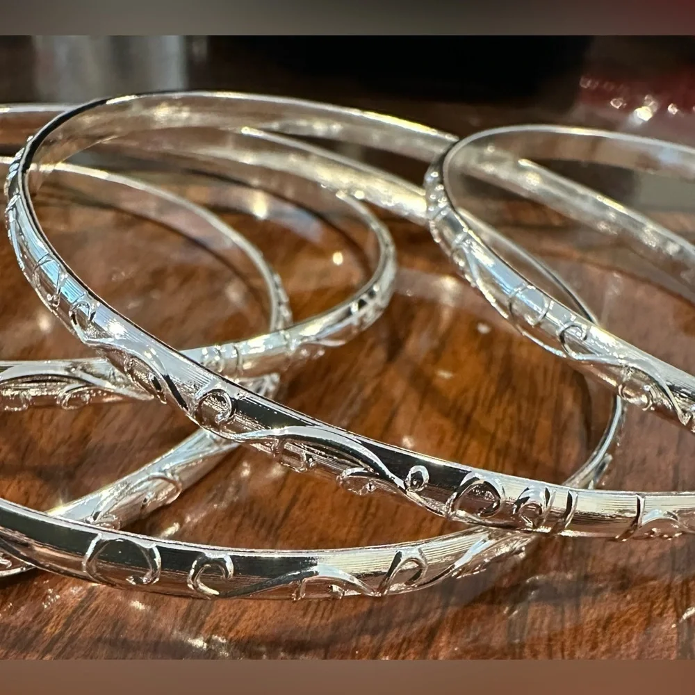 Set/5 Silver Tone Bangle Bracelets Intricate Swirl Design Fits up to Size 8 NEW